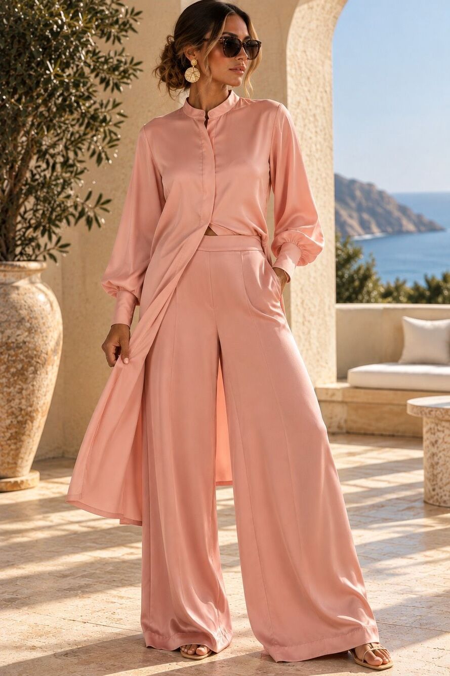 NWT Andrea Iyamah Blush Pink Satin High Rise Wide Leg Pants Size Small